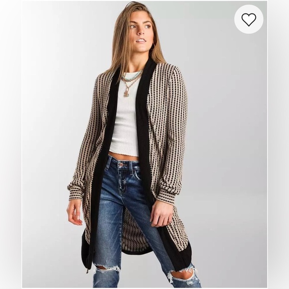 Daytrip Sweaters - EUC Daytrip Open Front Black Taupe Ruched Striped Stretch Cardigan